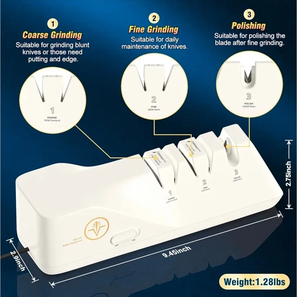 HOMLY‎ Professional Electric Knife Sharpener 3-Stage Diamond Abrasive White